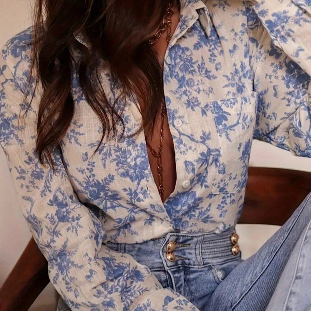 White Boho Women's Floral Patchwork Long Sleeve Shirt